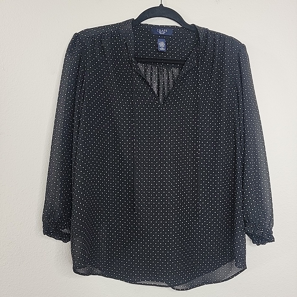Chaps Petite Large Black Sheer Blouse Polka Dot 3/4‎ Sleeve Top